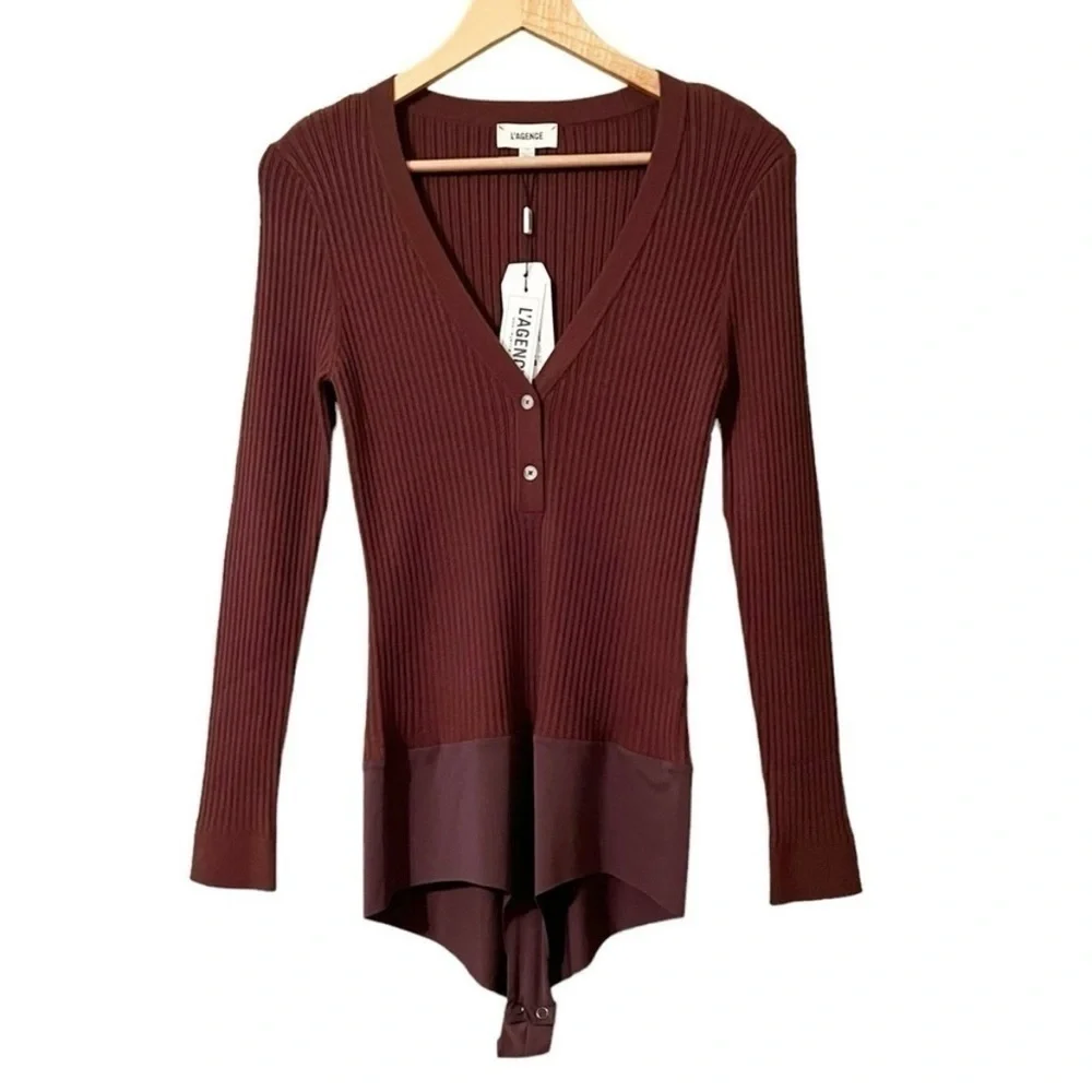 L’Agence NWT Lira Henley Ribbed V Neck Long Sleeve Sweater Bodysuit Brown Size L